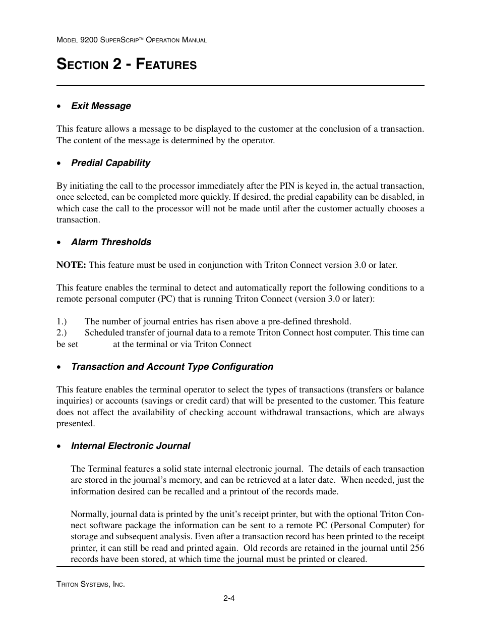 2 - f, Ection, Eatures | Triton 9200 Operation Manual User Manual | Page 14 / 179