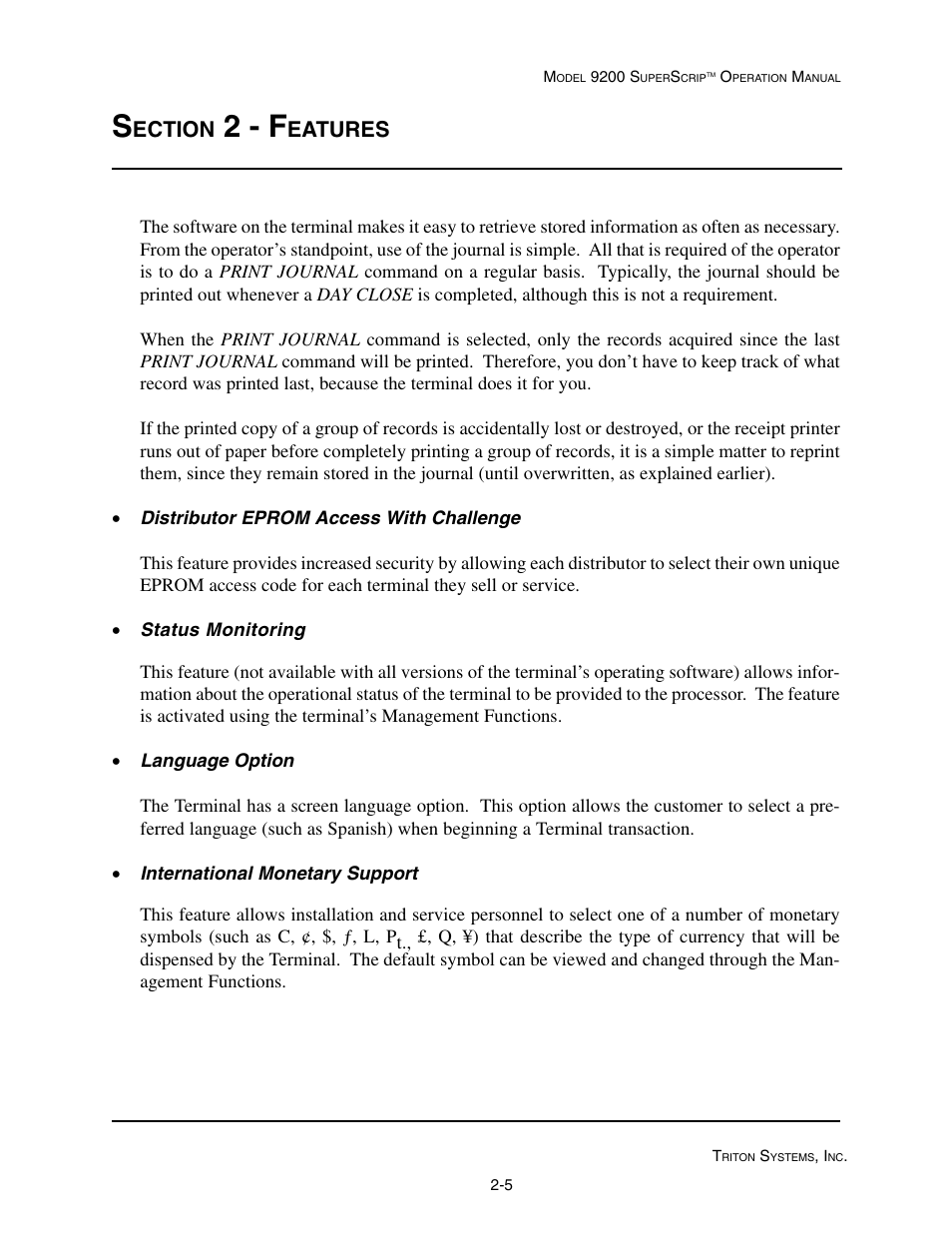 2 - f, Ection, Eatures | Triton 9200 Operation Manual User Manual | Page 15 / 179