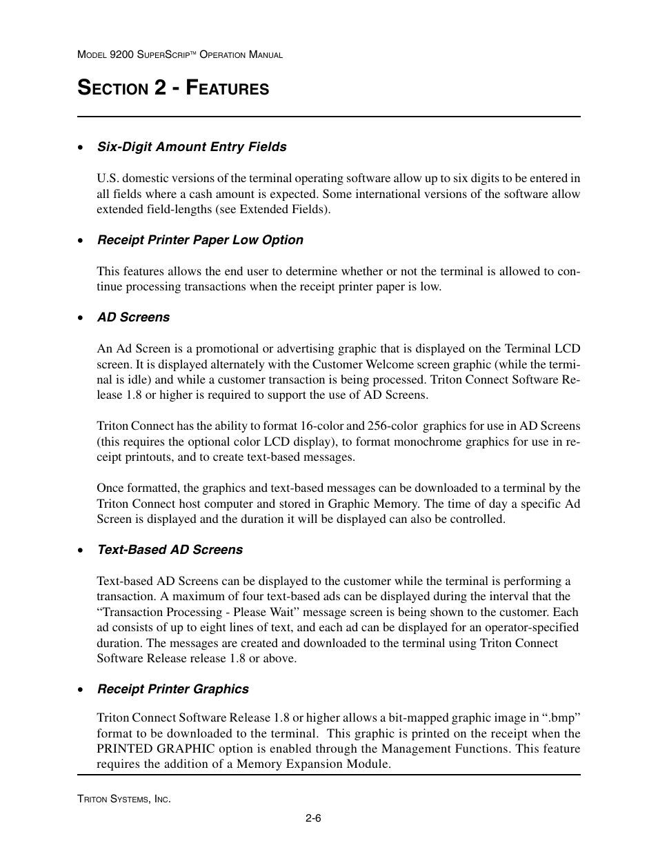 2 - f, Ection, Eatures | Triton 9200 Operation Manual User Manual | Page 16 / 179