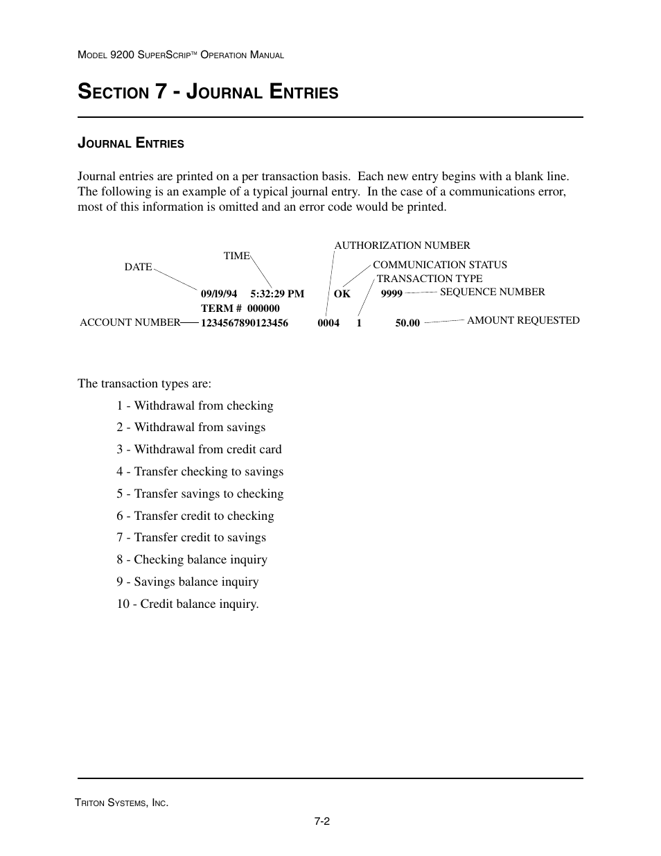 7 - j, Ection, Ournal | Ntries | Triton 9200 Operation Manual User Manual | Page 162 / 179