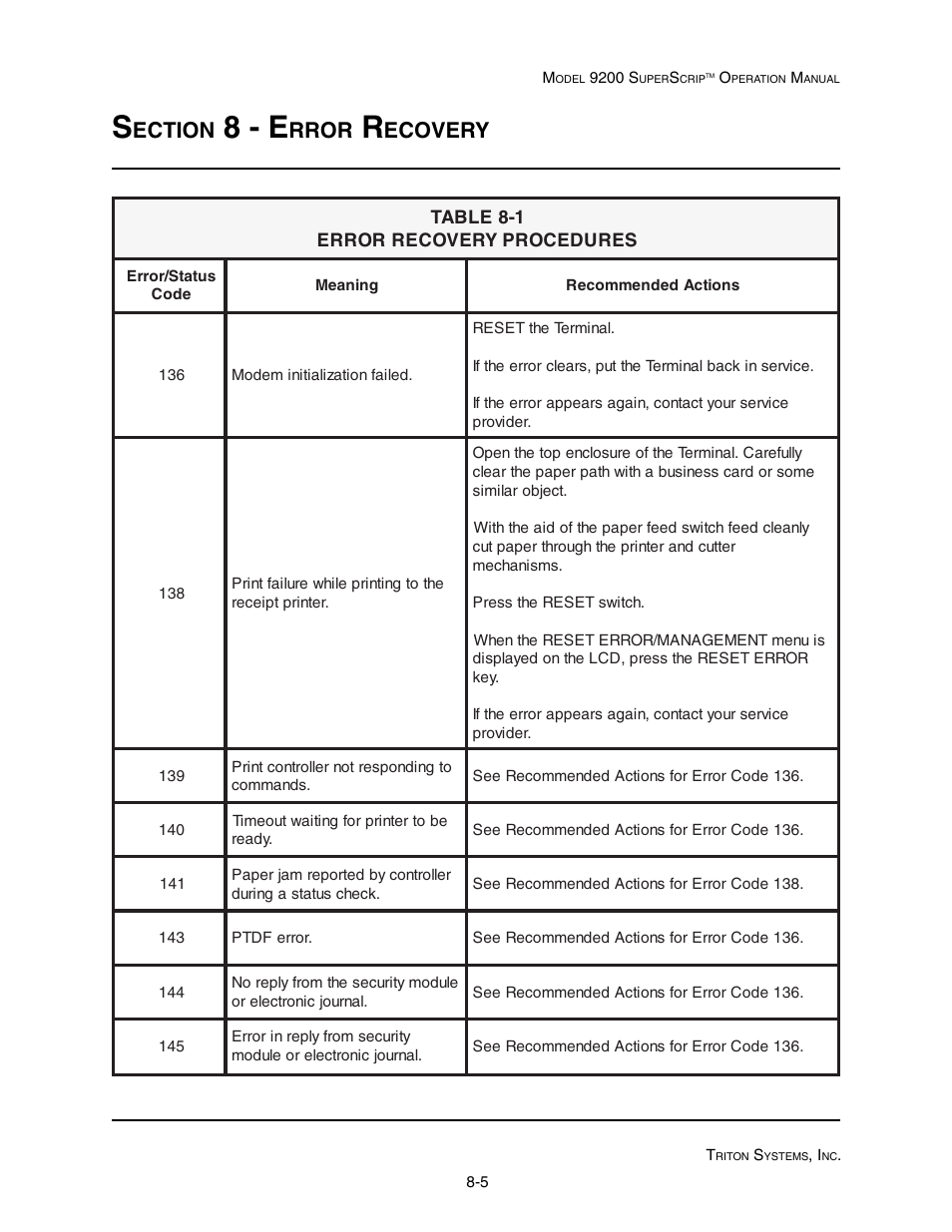 8 - e, Ection, Rror | Ecovery | Triton 9200 Operation Manual User Manual | Page 167 / 179