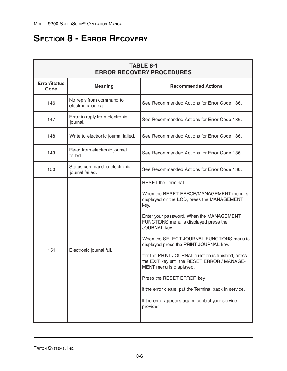 8 - e, Ection, Rror | Ecovery | Triton 9200 Operation Manual User Manual | Page 168 / 179