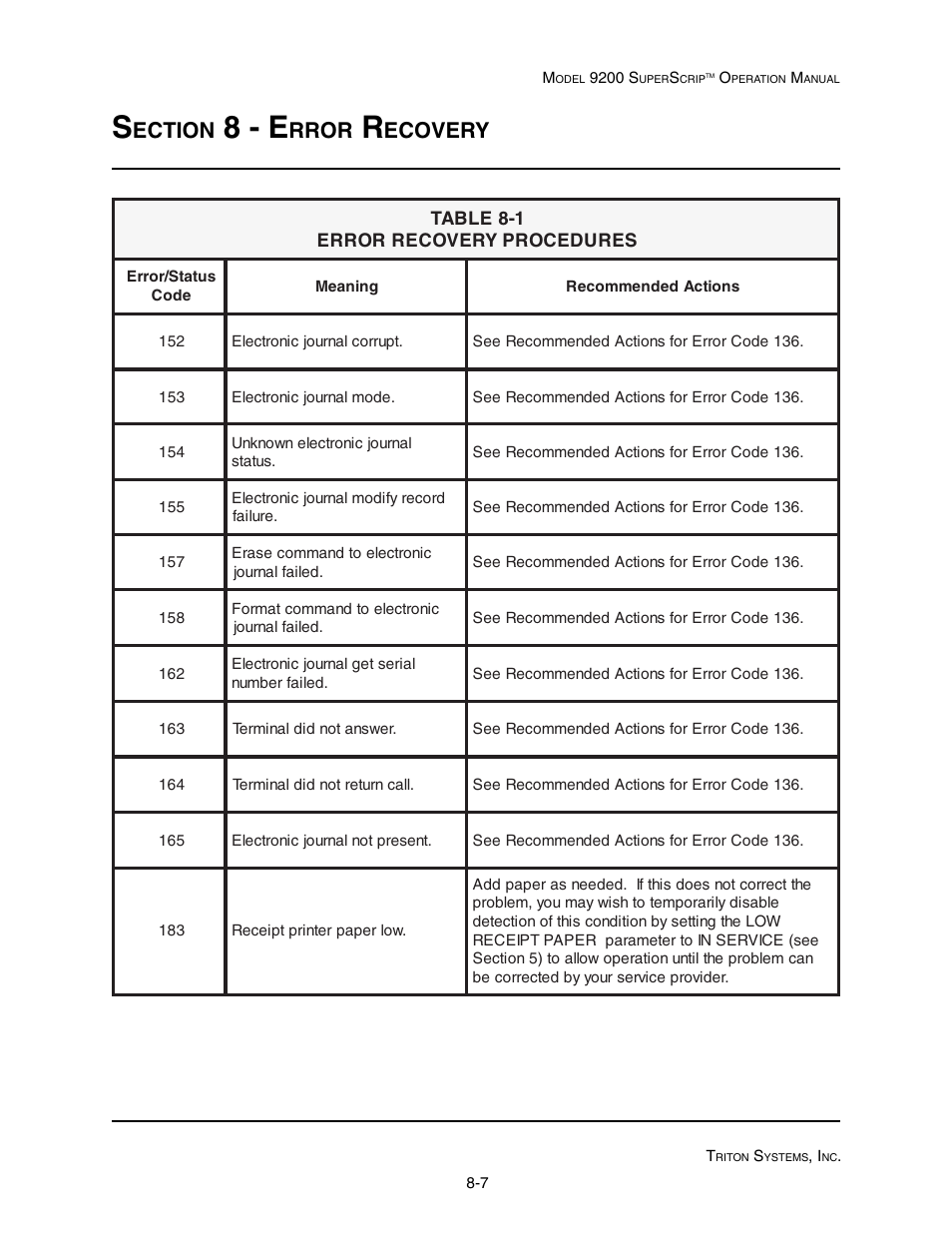 8 - e, Ection, Rror | Ecovery | Triton 9200 Operation Manual User Manual | Page 169 / 179