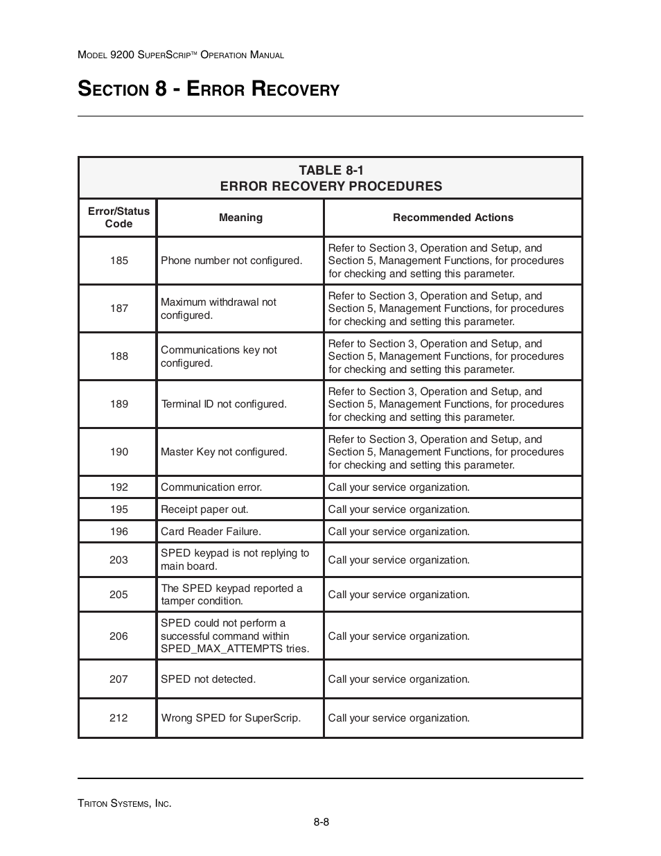 8 - e, Ection, Rror | Ecovery | Triton 9200 Operation Manual User Manual | Page 170 / 179