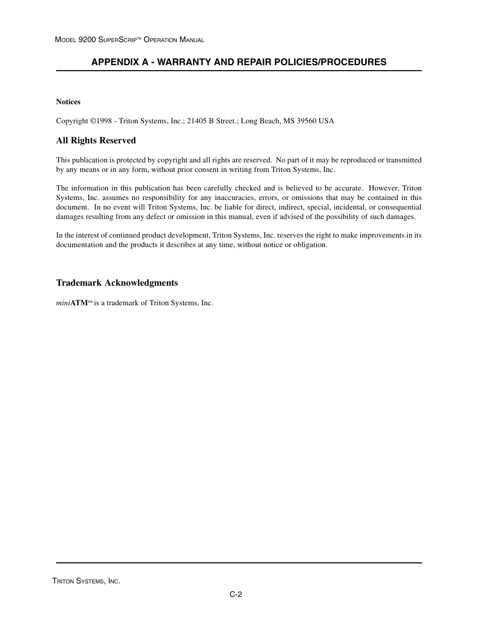 All rights reserved, Trademark acknowledgments | Triton 9200 Operation Manual User Manual | Page 172 / 179