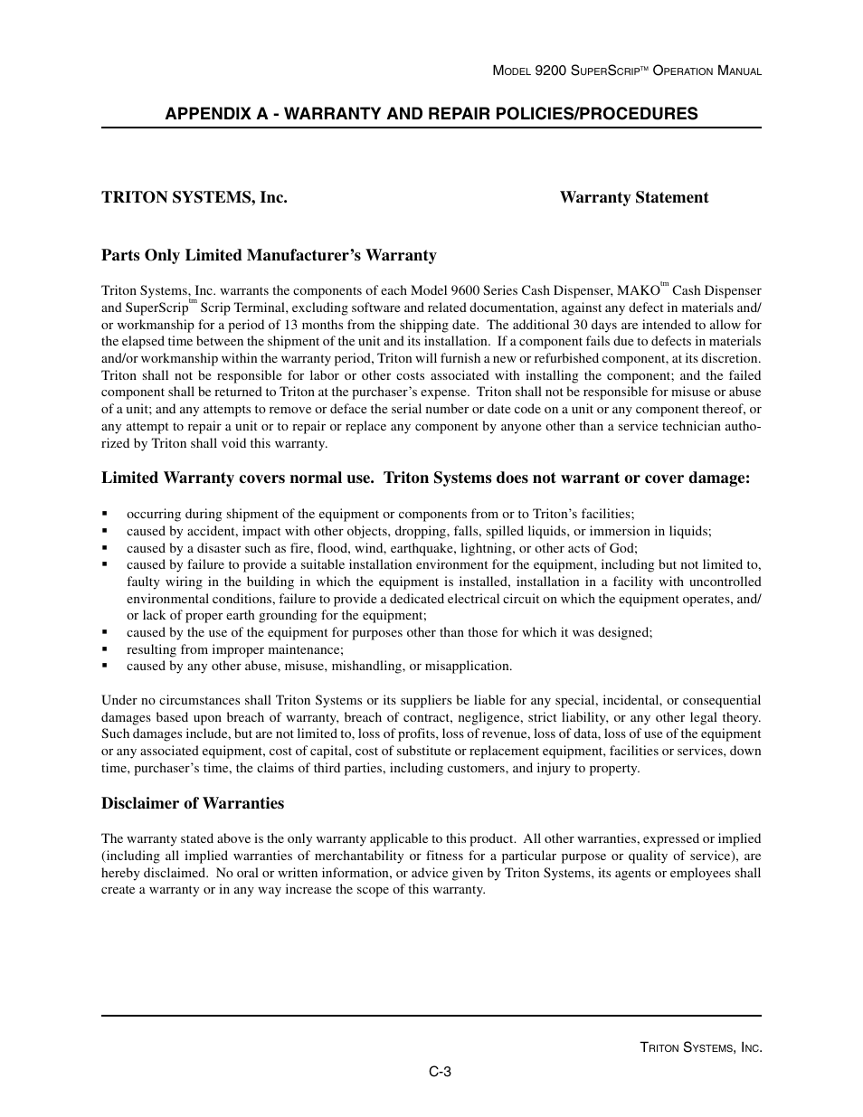 Disclaimer of warranties | Triton 9200 Operation Manual User Manual | Page 173 / 179