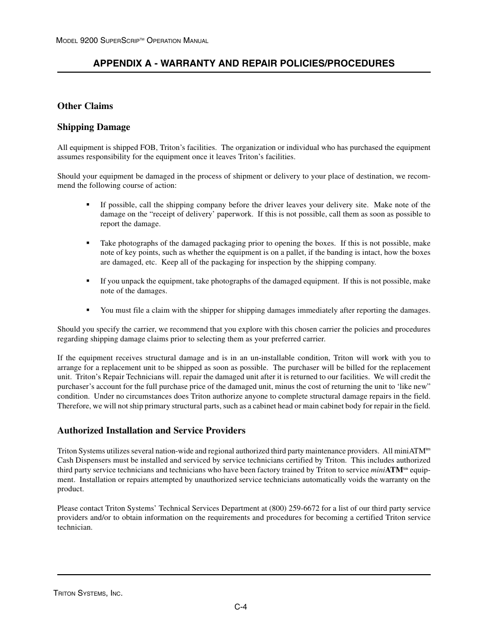 Other claims shipping damage, Authorized installation and service providers | Triton 9200 Operation Manual User Manual | Page 174 / 179