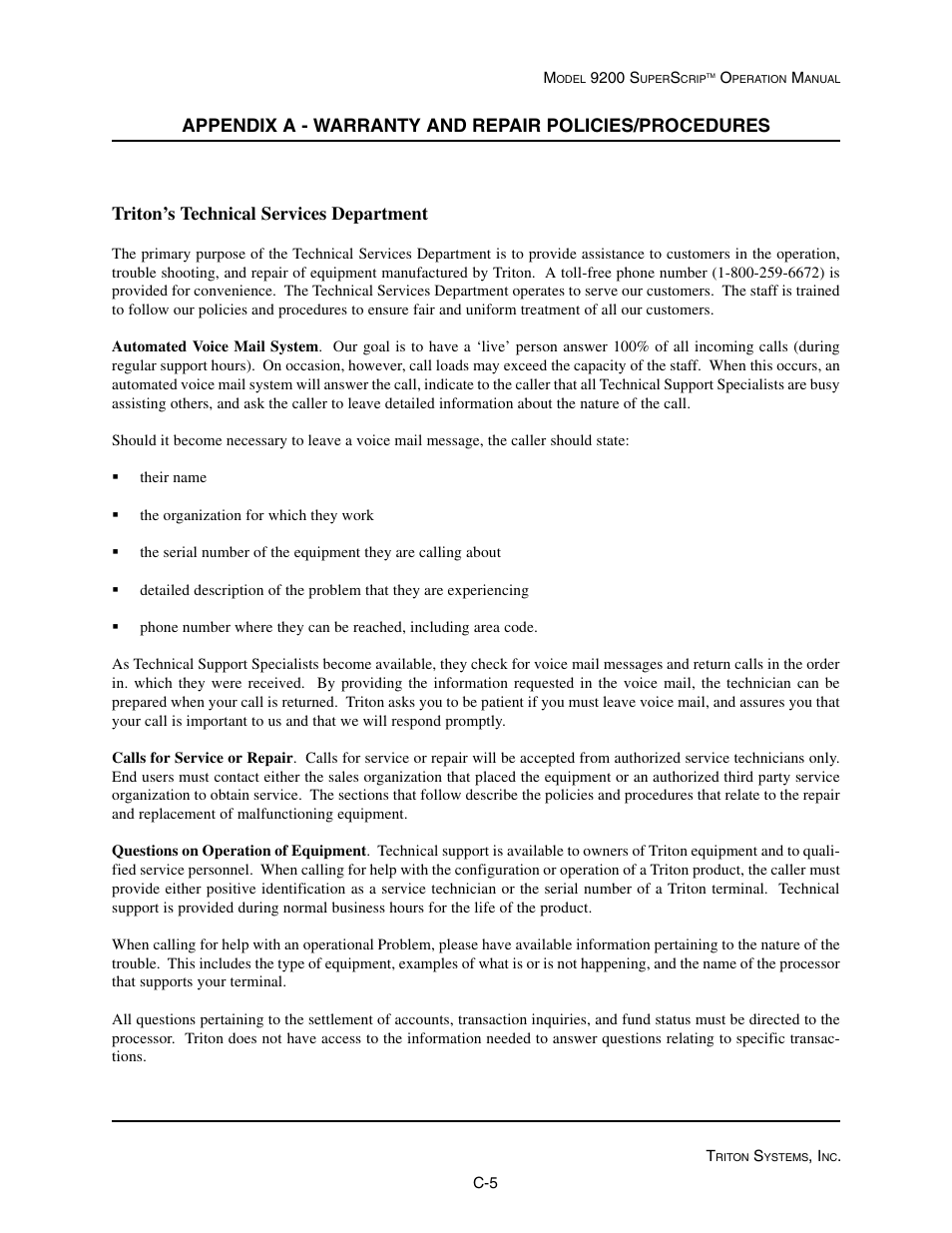 Triton’s technical services department | Triton 9200 Operation Manual User Manual | Page 175 / 179
