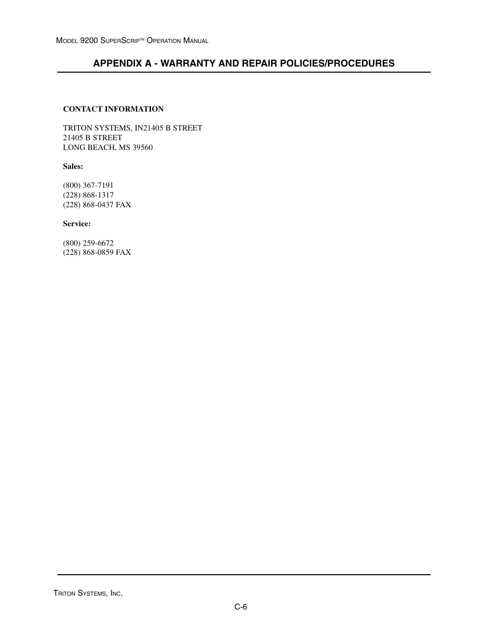 Triton 9200 Operation Manual User Manual | Page 176 / 179