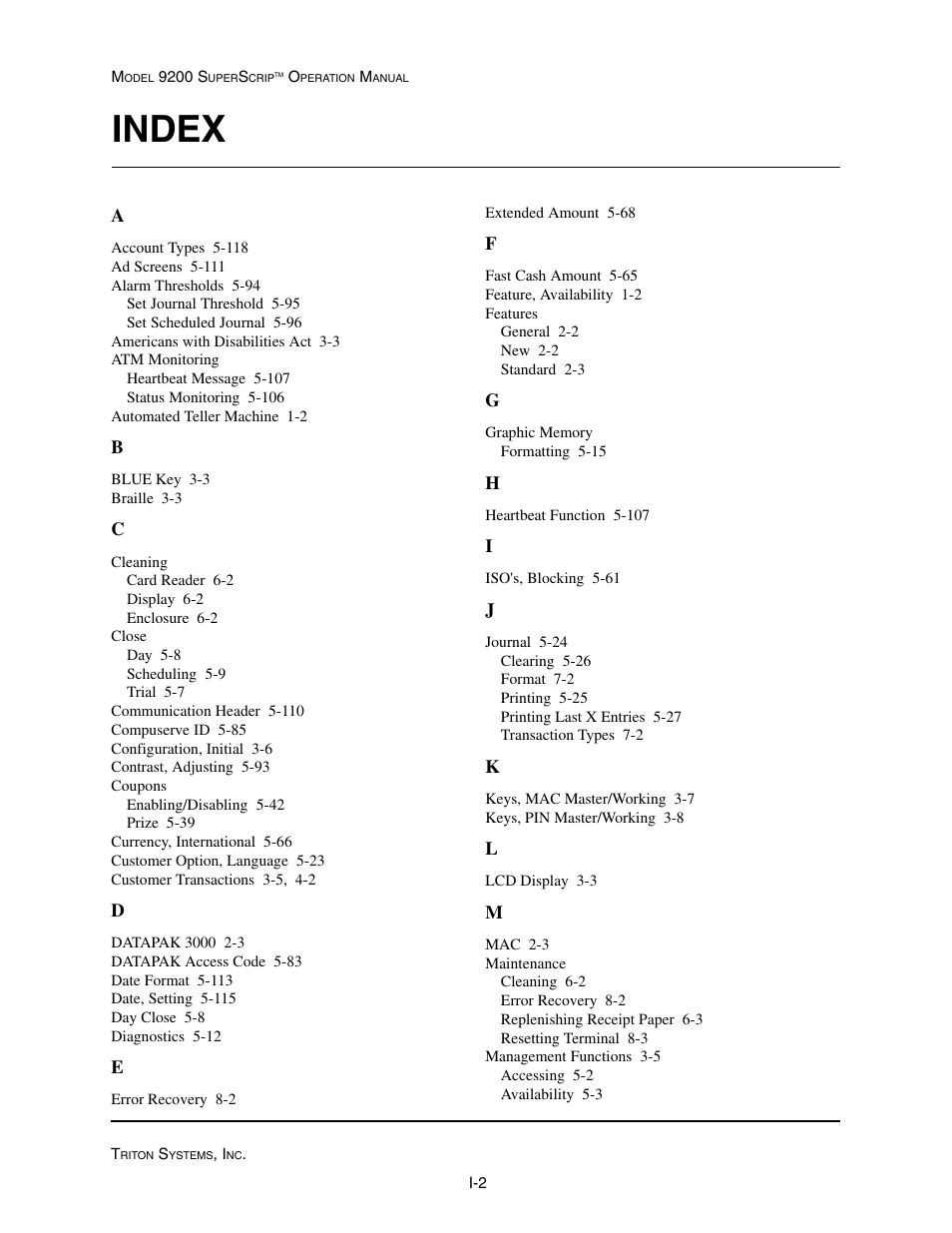 Index | Triton 9200 Operation Manual User Manual | Page 178 / 179