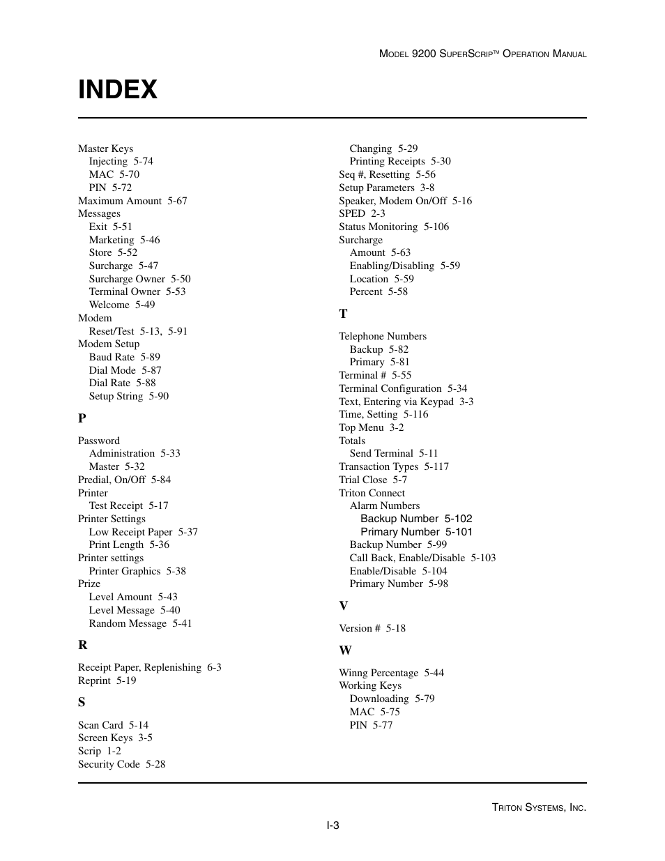 Index | Triton 9200 Operation Manual User Manual | Page 179 / 179