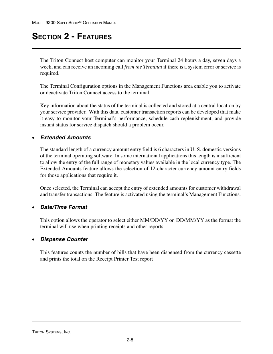 2 - f, Ection, Eatures | Triton 9200 Operation Manual User Manual | Page 18 / 179