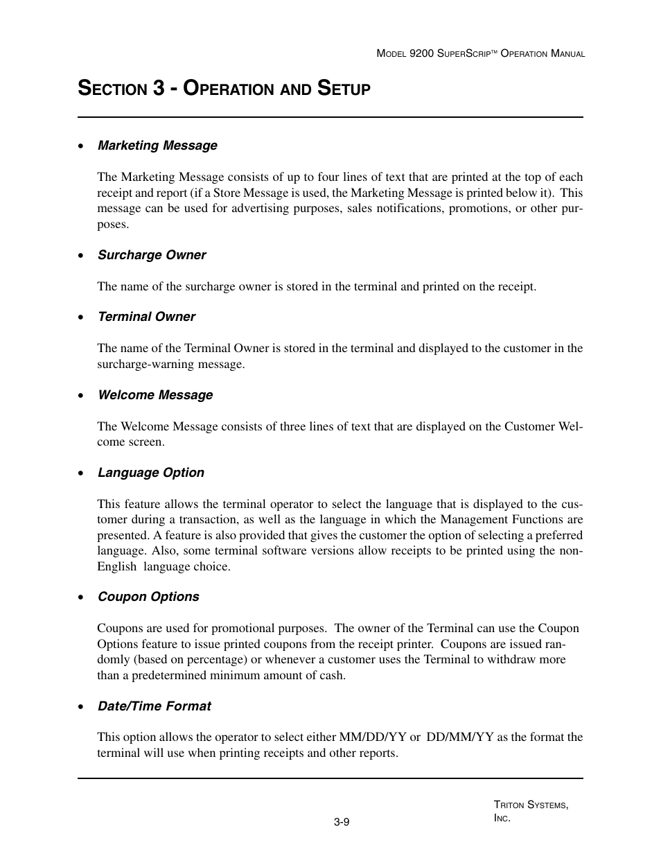 3 - o, Ection, Peration | Etup | Triton 9200 Operation Manual User Manual | Page 27 / 179