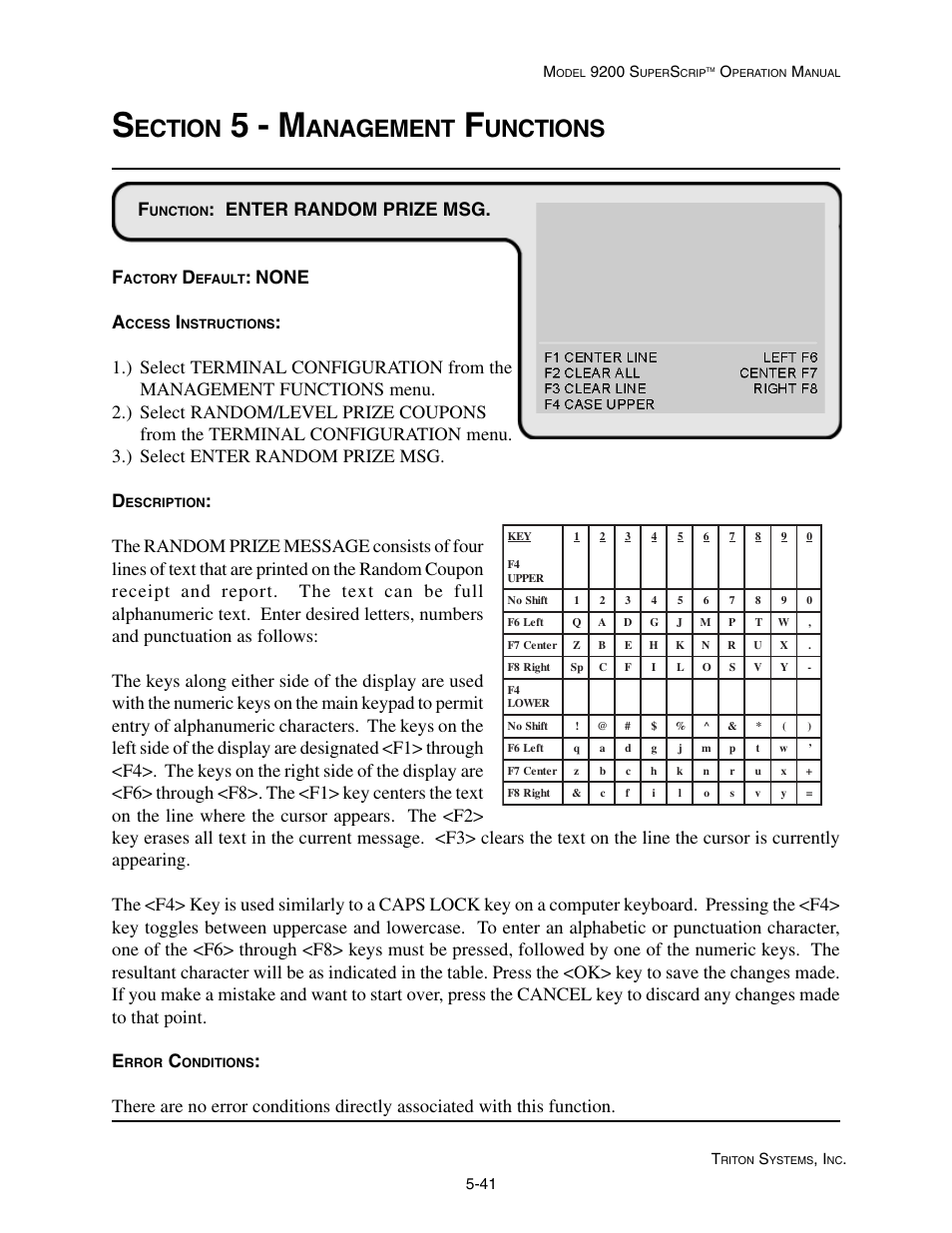 5 - m, Ection, Anagement | Unctions, Enter random prize msg. f, None a | Triton 9200 Operation Manual User Manual | Page 77 / 179