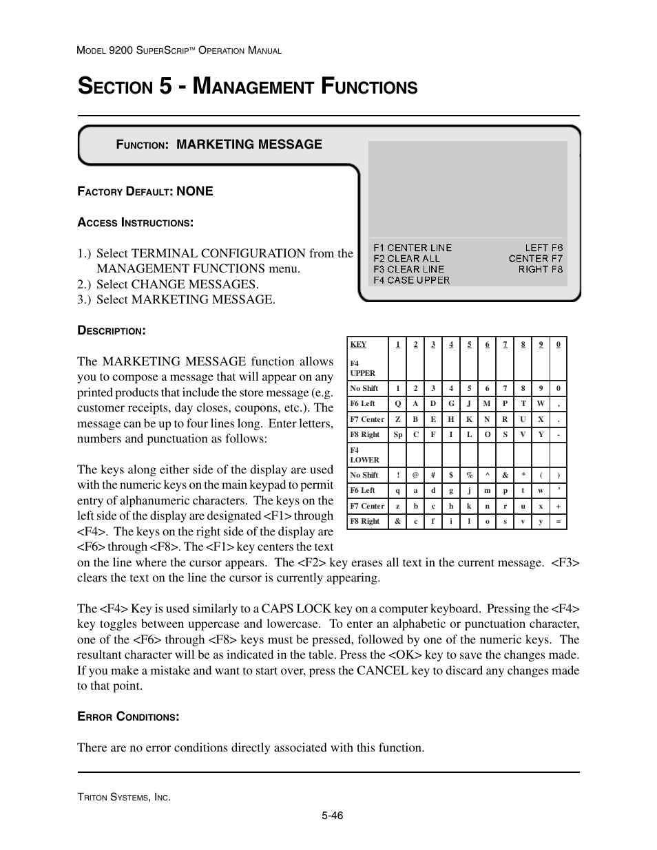 5 - m, Ection, Anagement | Unctions, Marketing message f, None a | Triton 9200 Operation Manual User Manual | Page 82 / 179