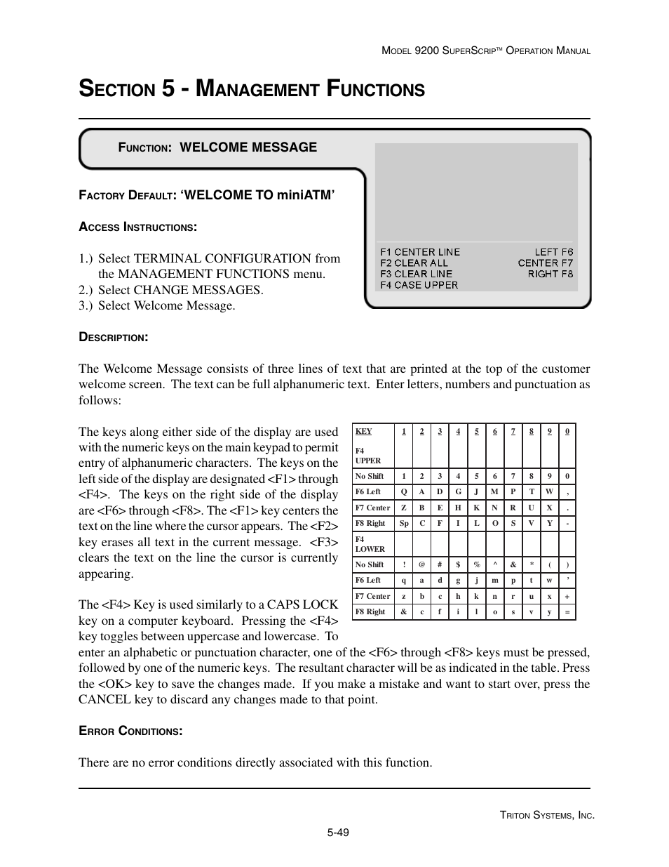 5 - m, Ection, Anagement | Unctions, Welcome message f, Welcome to miniatm’ a | Triton 9200 Operation Manual User Manual | Page 85 / 179