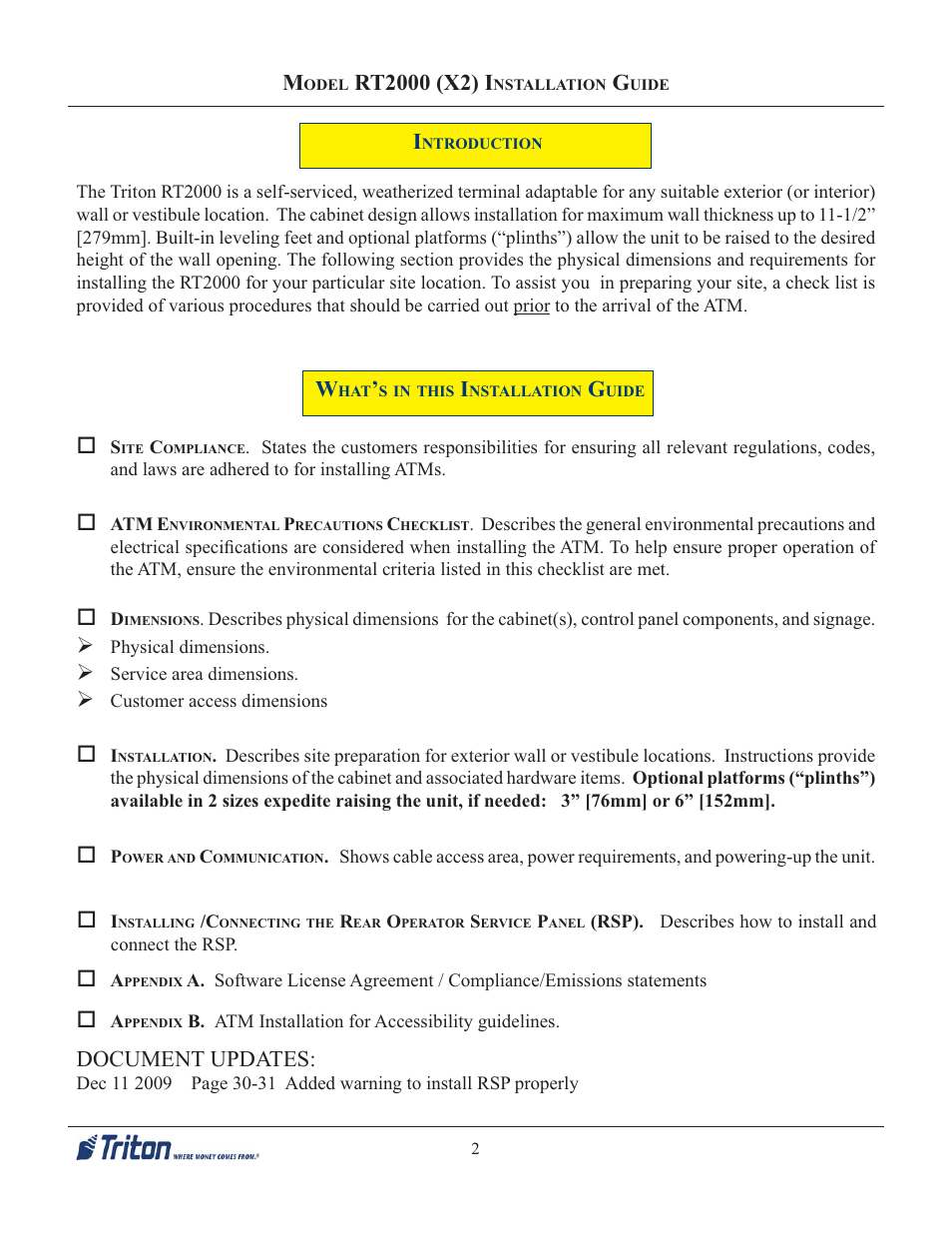 Document updates | Triton RT2000 X2 Installation Manual User Manual | Page 2 / 36