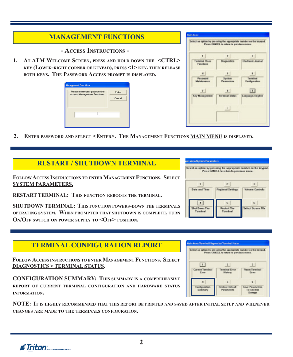 2management functions - a, Terminal configuration report, Restart / shutdown terminal | Triton RT2000 X2 Quick Reference Guide User Manual | Page 2 / 8