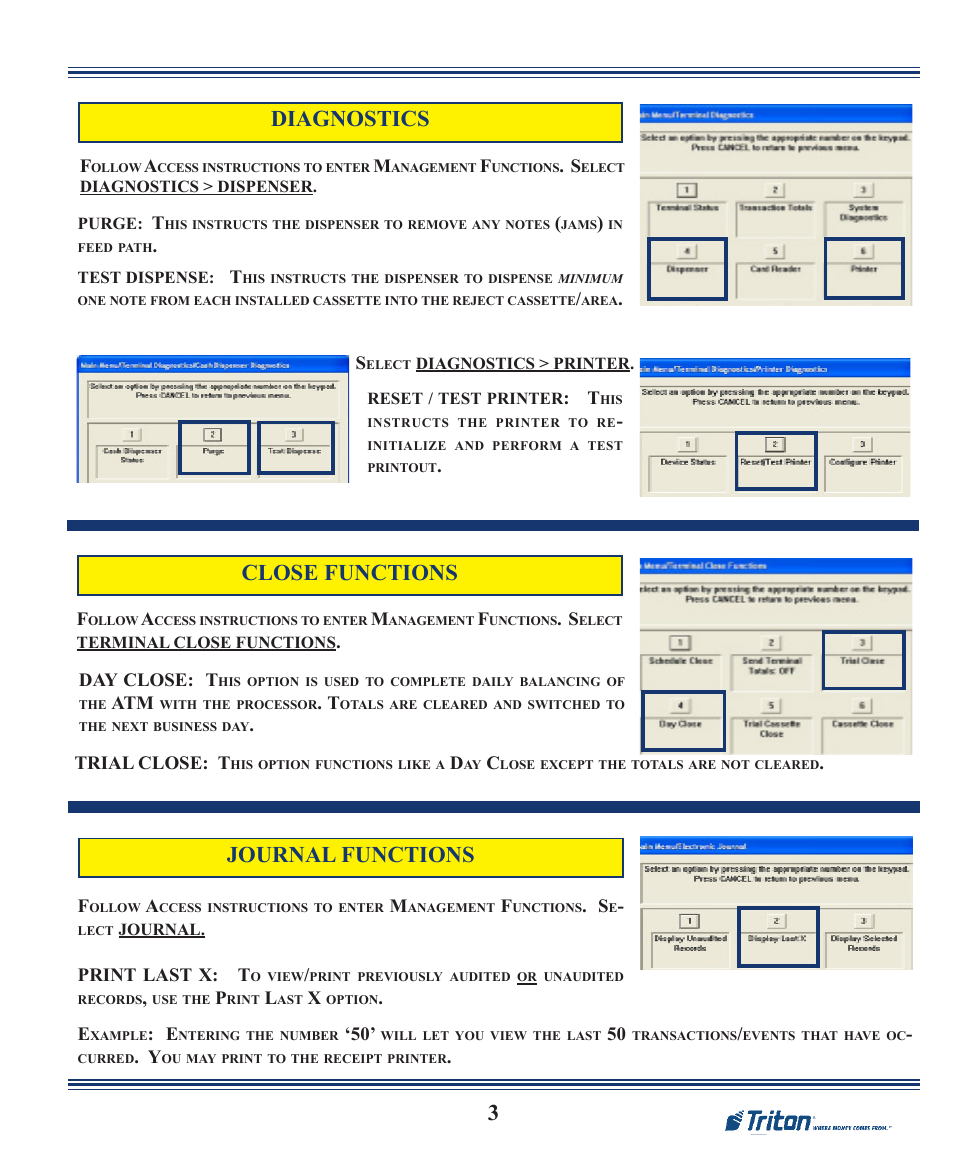 3diagnostics, Journal functions, Close functions | Triton RT2000 X2 Quick Reference Guide User Manual | Page 3 / 8