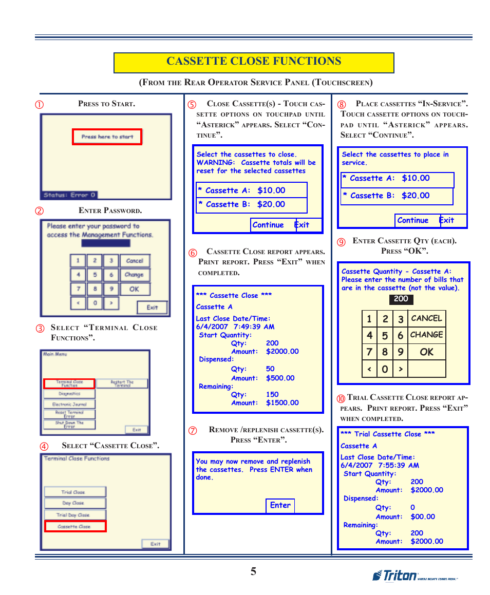 5cassette close functions | Triton RT2000 X2 Quick Reference Guide User Manual | Page 5 / 8