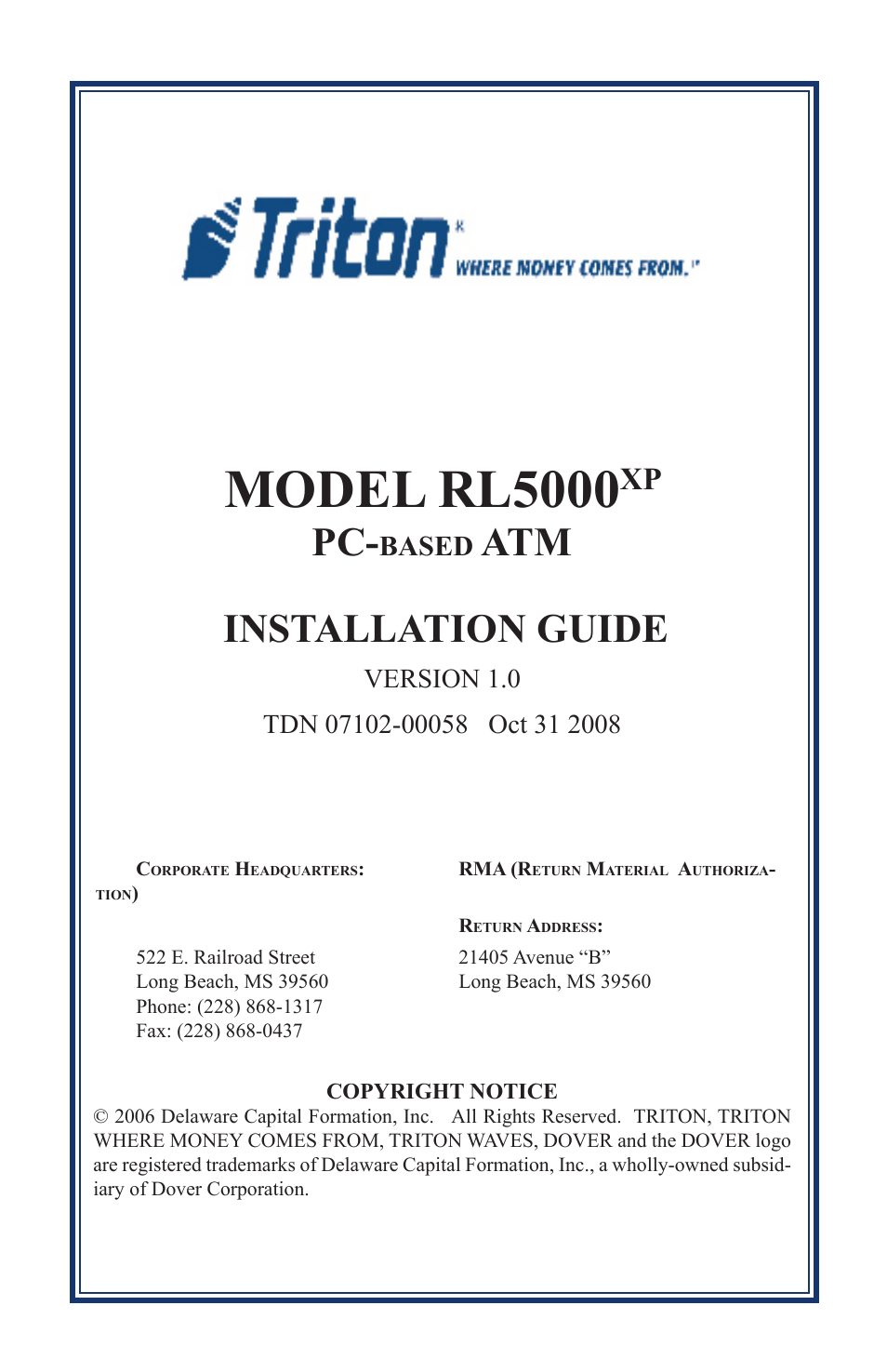 Triton RL5000XP PC-BASED ATMS Installation Manual User Manual | 48 pages