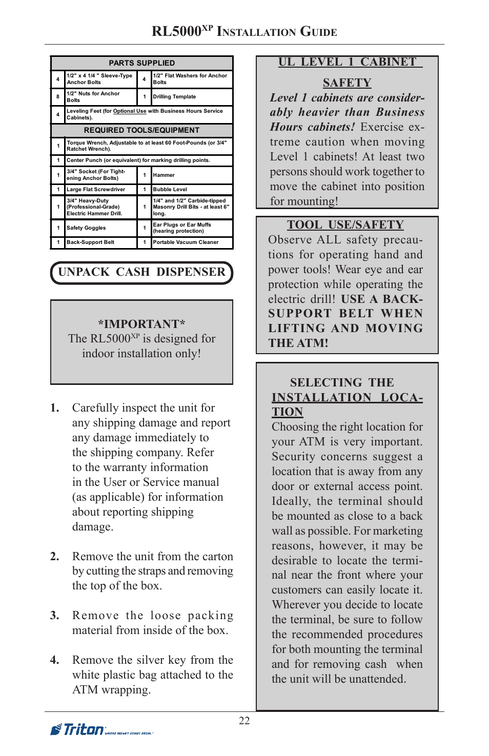 Rl5000, Unpack cash dispenser *important* the rl5000 | Triton RL5000XP PC-BASED ATMS Installation Manual User Manual | Page 22 / 48