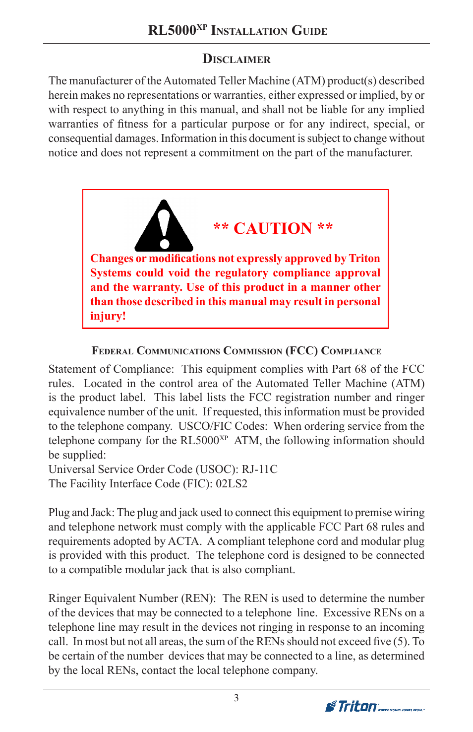 Caution, Rl5000 | Triton RL5000XP PC-BASED ATMS Installation Manual User Manual | Page 3 / 48