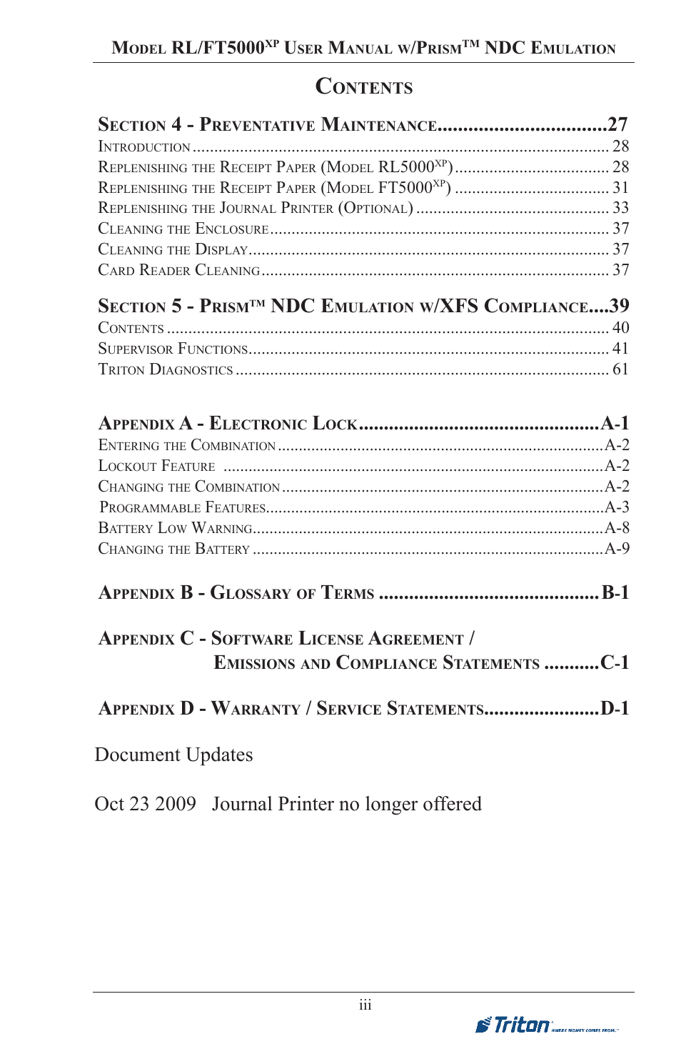 4 - p, 5 - p, Xfs c | A - e, B - g, C - s, D - w, Rl/ft5000, Ndc e | Triton FT5000XP Prism NDC Emulation w/XFS Compliance User Manual User Manual | Page 3 / 129