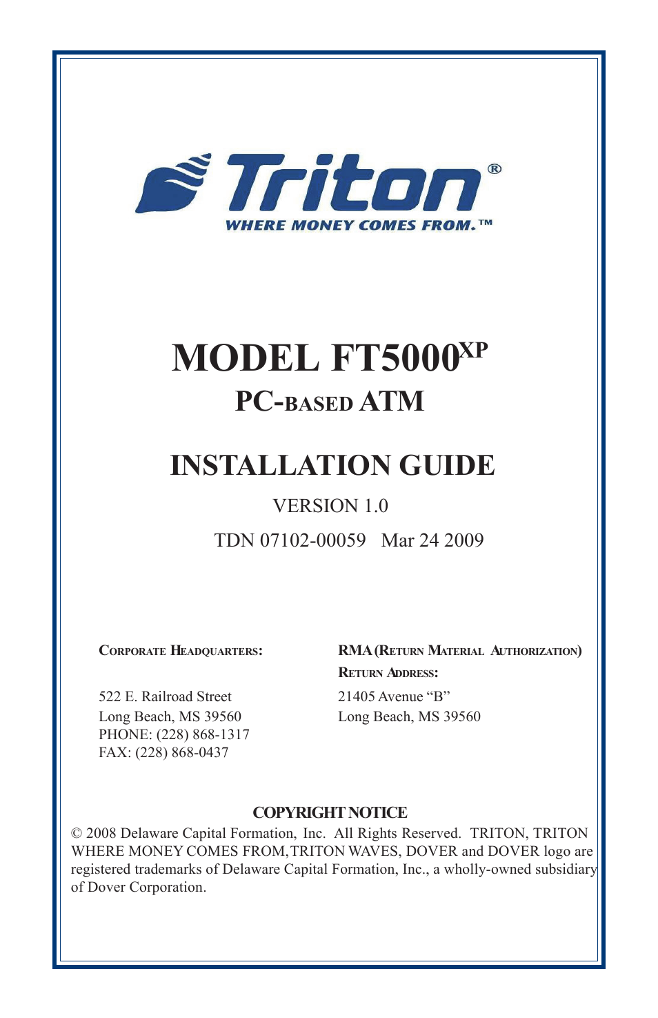 Triton FT5000 PC-BASED ATM Installation Manual User Manual | 48 pages