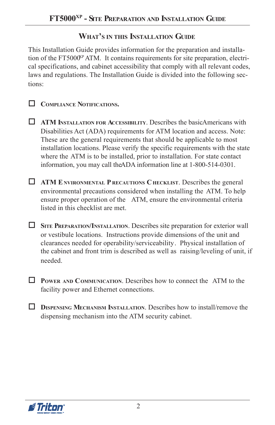 Ft5000 | Triton FT5000 PC-BASED ATM Installation Manual User Manual | Page 2 / 48