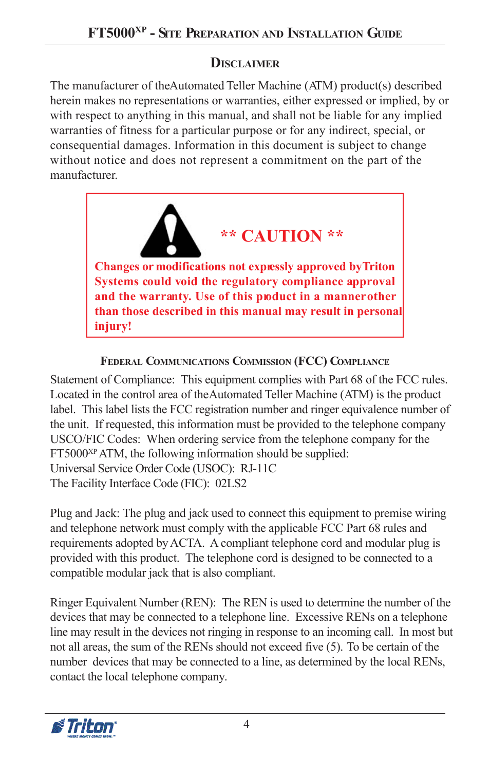 Caution, Ft5000 | Triton FT5000 PC-BASED ATM Installation Manual User Manual | Page 4 / 48