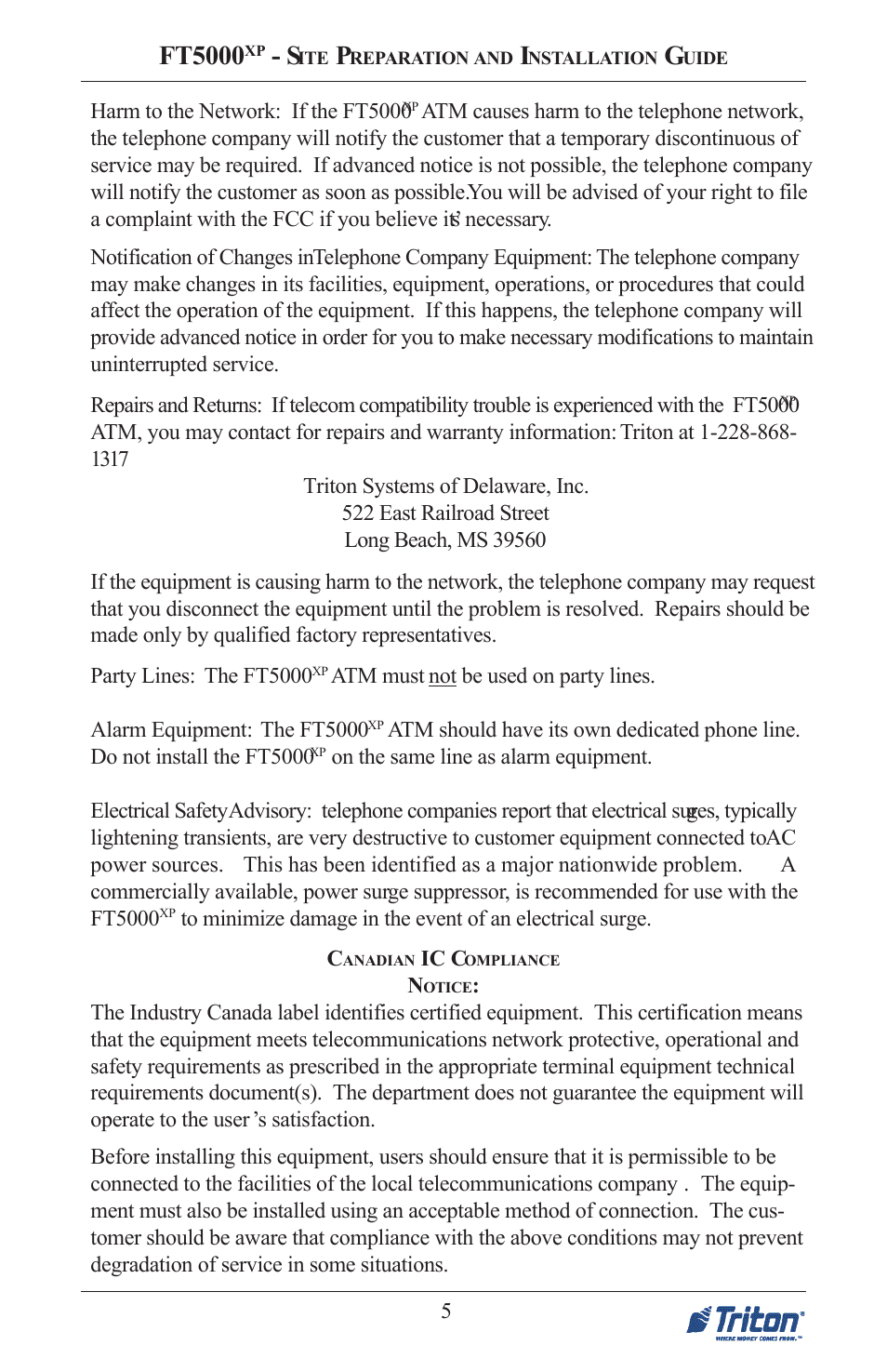 Ft5000 | Triton FT5000 PC-BASED ATM Installation Manual User Manual | Page 5 / 48