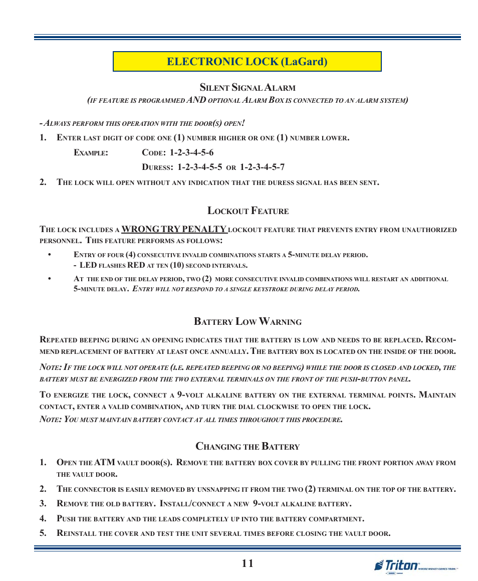 11 electronic lock (lagard) s | Triton FT7000XP Quick Reference Guide User Manual | Page 11 / 12