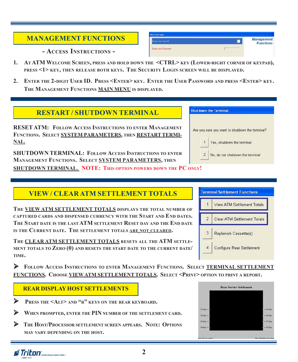 Management functions, Restart / shutdown terminal, View / clear atm settlement totals | Triton FT7000XP Quick Reference Guide User Manual | Page 2 / 12