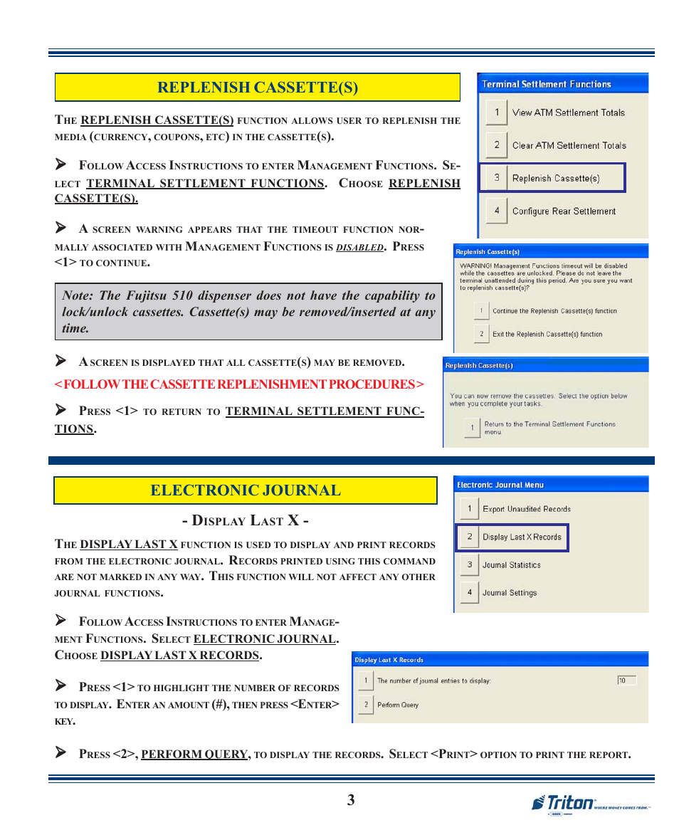 Replenish cassette(s), Electronic journal | Triton FT7000XP Quick Reference Guide User Manual | Page 3 / 12