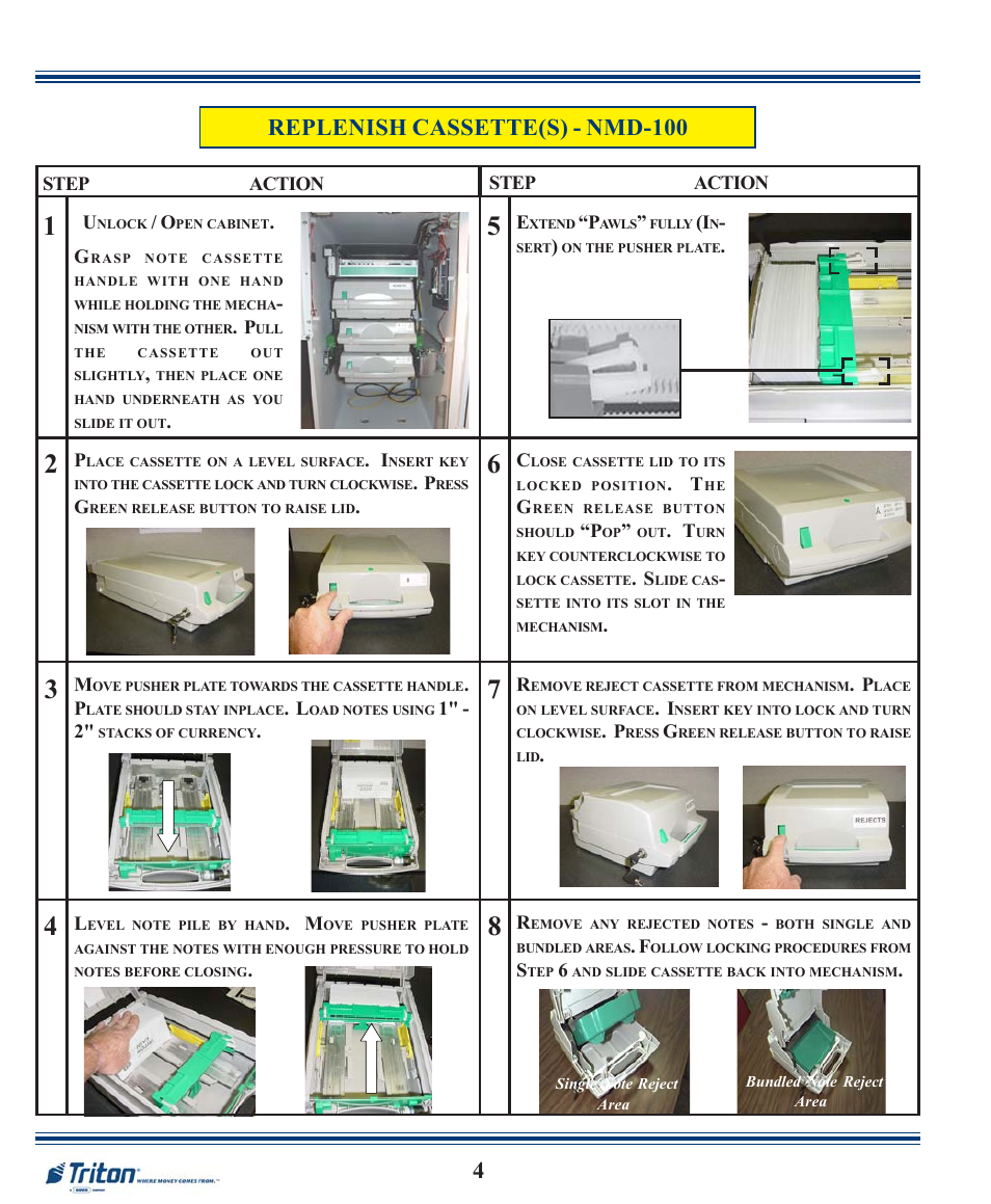 Replenish cassette(s) - nmd-100 | Triton FT7000XP Quick Reference Guide User Manual | Page 4 / 12