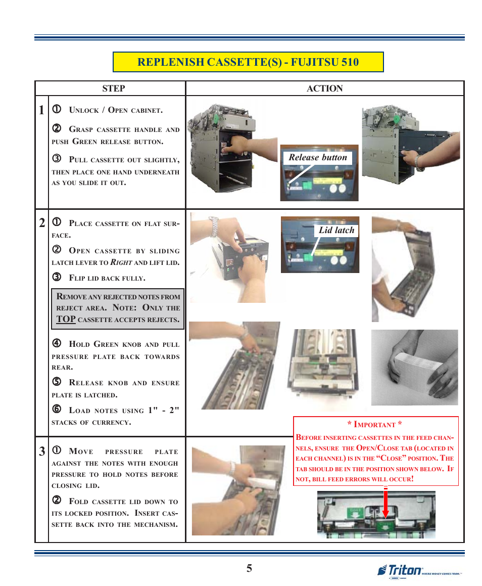 Replenish cassette(s) - fujitsu 510 | Triton FT7000XP Quick Reference Guide User Manual | Page 5 / 12