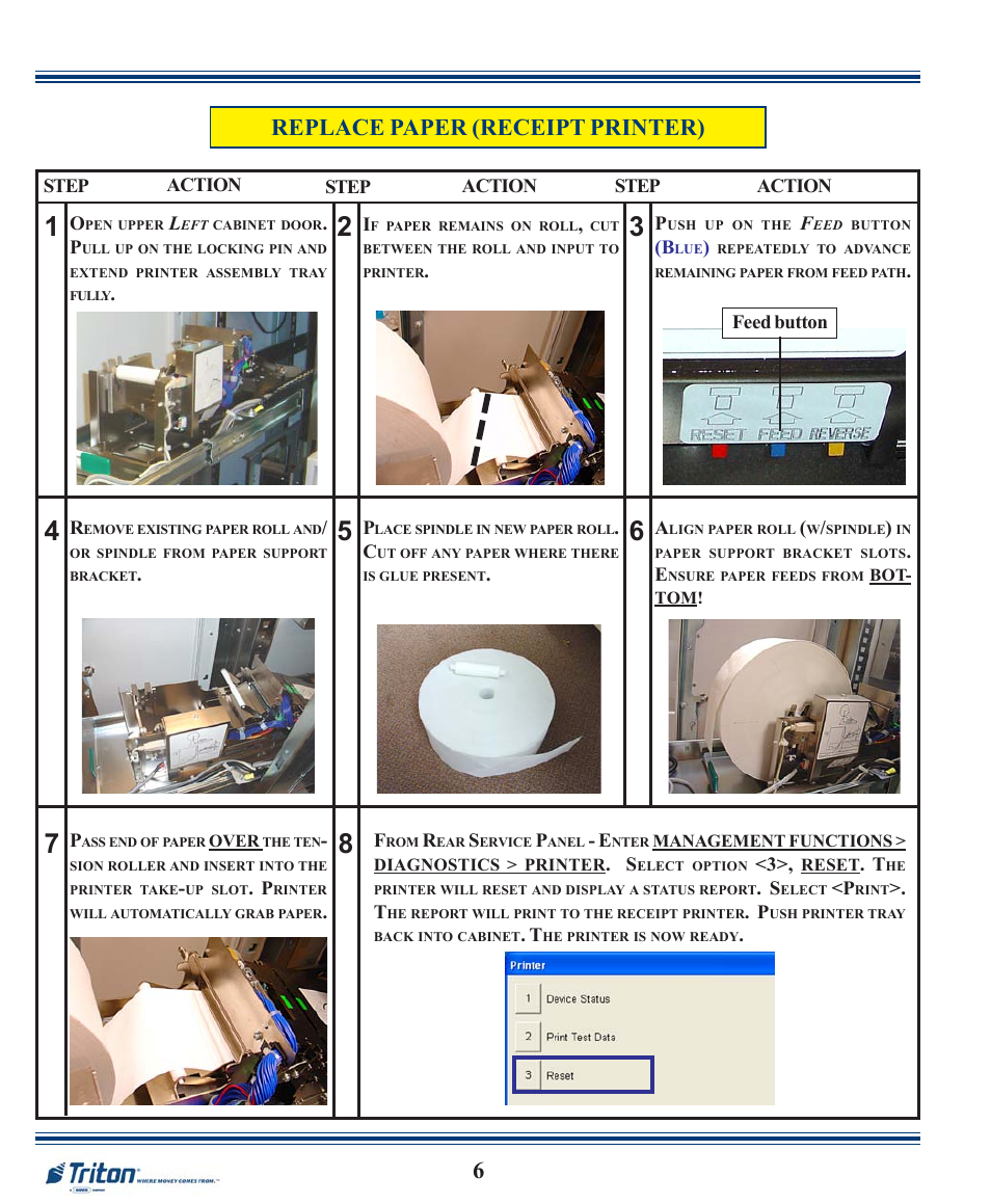 Replace paper (receipt printer) | Triton FT7000XP Quick Reference Guide User Manual | Page 6 / 12