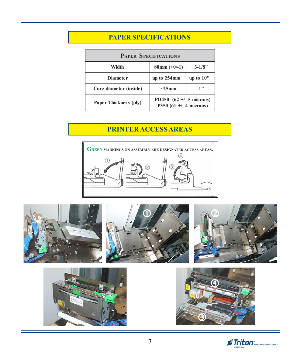7printer access areas paper specifications | Triton FT7000XP Quick Reference Guide User Manual | Page 7 / 12