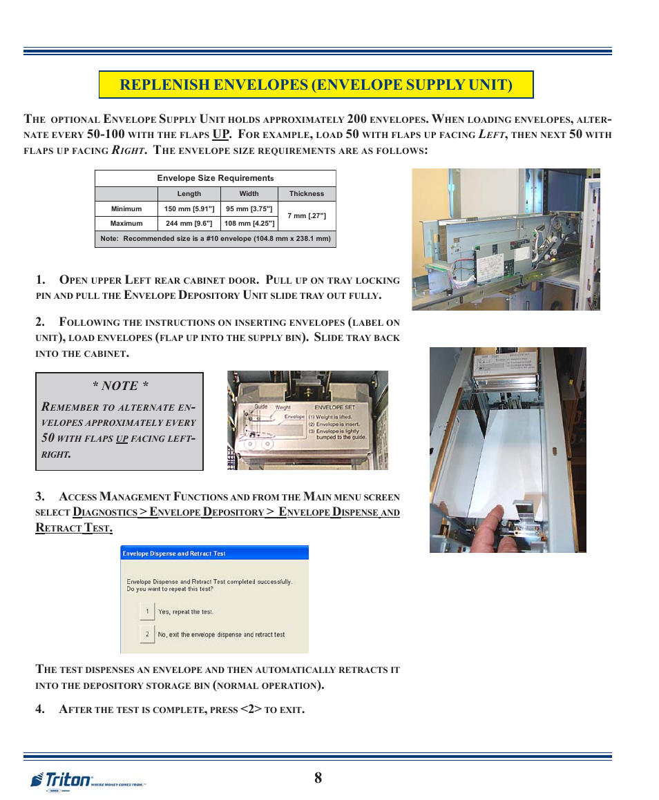 Replenish envelopes (envelope supply unit), Up. f | Triton FT7000XP Quick Reference Guide User Manual | Page 8 / 12