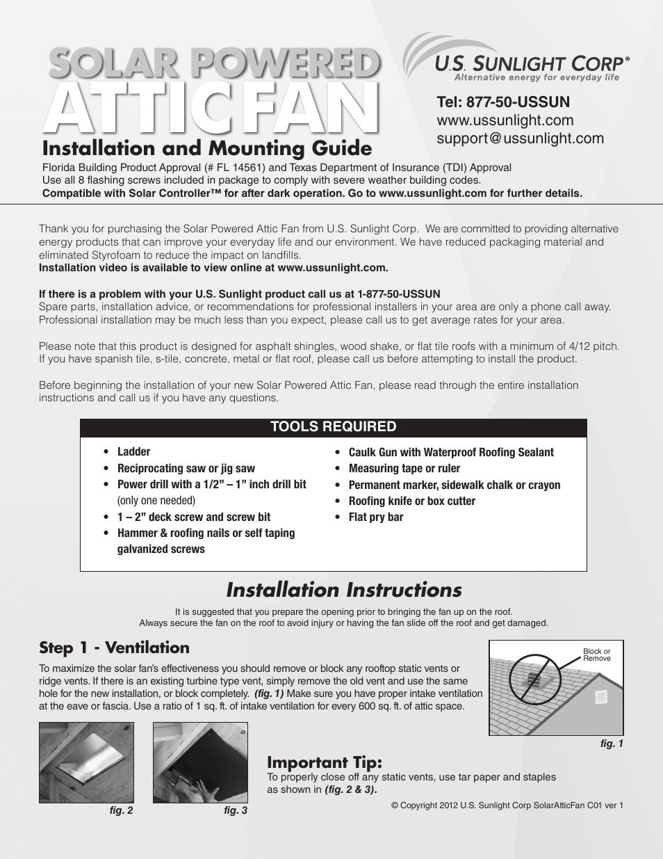 U.S. Sunlight 9912TR Solar Powered Attic Fan User Manual | 4 pages