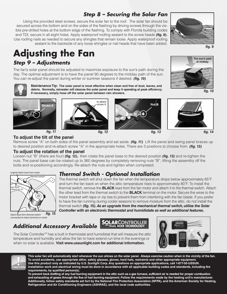 Adjusting the fan, Step 8 – securing the solar fan, Step 9 – adjustments | Additional accessory available, Thermal switch - optional installation | U.S. Sunlight 9912TR Solar Powered Attic Fan User Manual | Page 3 / 4