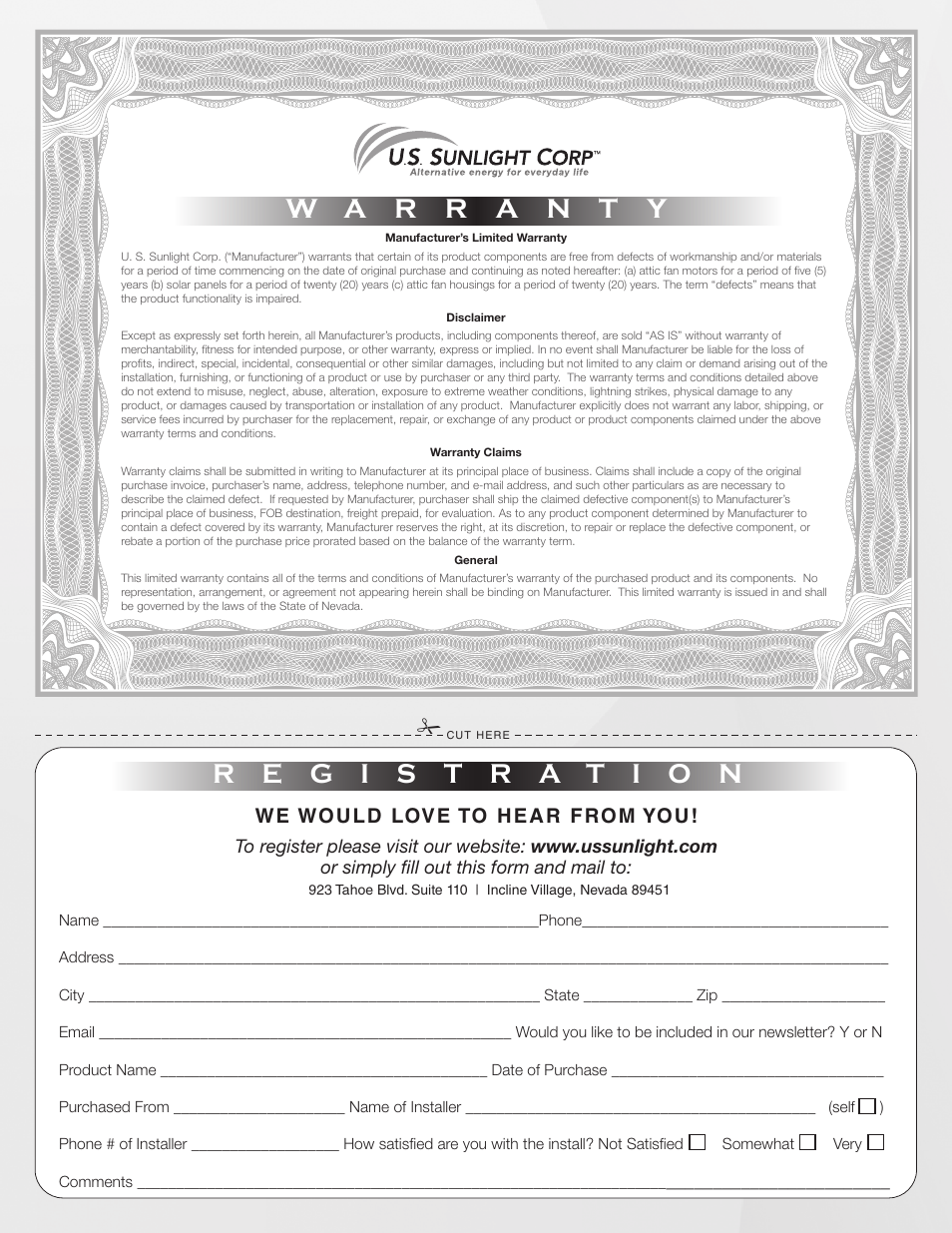 We would love to hear from you | U.S. Sunlight 9912TR Solar Powered Attic Fan User Manual | Page 4 / 4