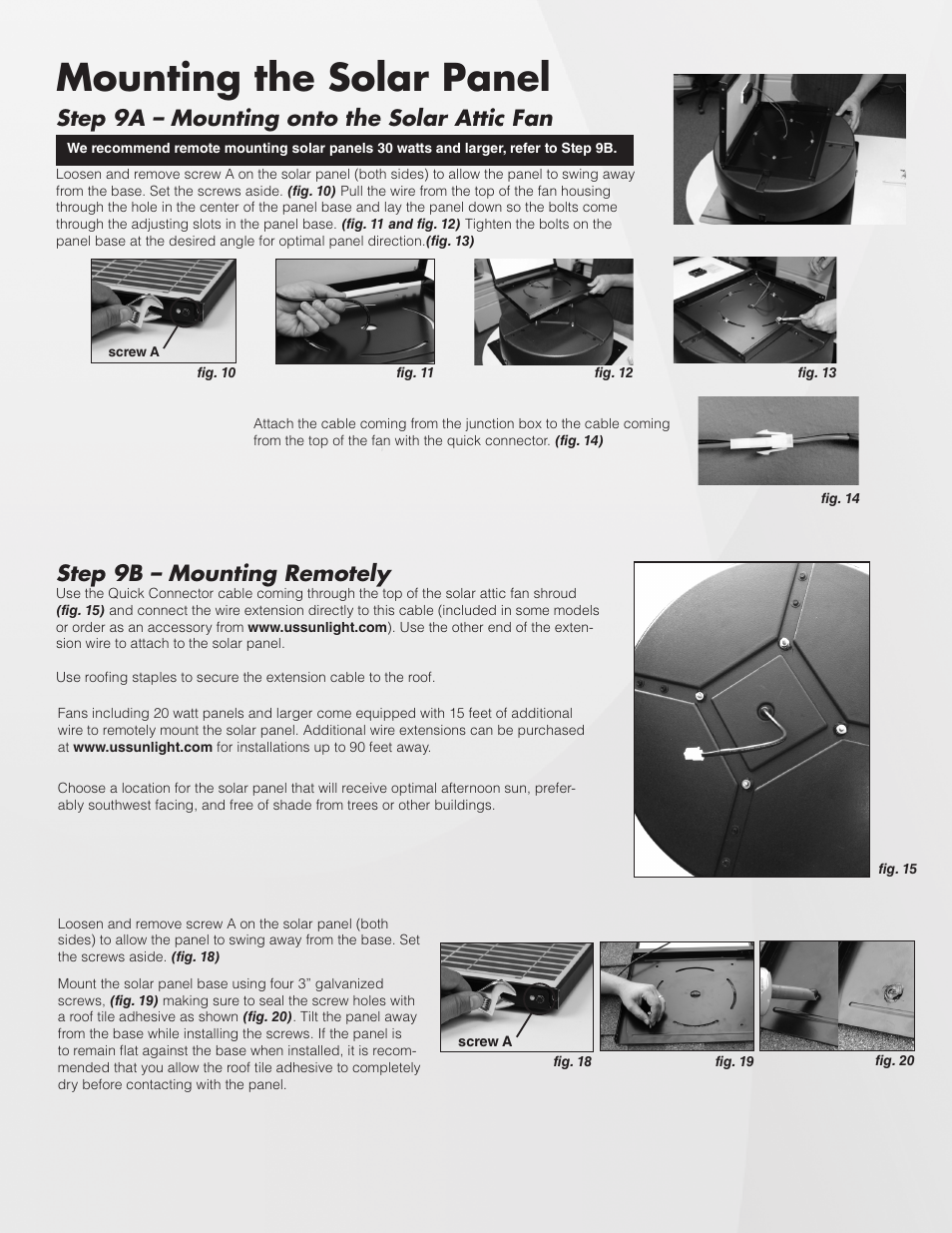 Mounting the solar panel, Step 9a – mounting onto the solar attic fan, Step 9b – mounting remotely | U.S. Sunlight 9930TR Solar Powered Attic Fan User Manual | Page 3 / 4