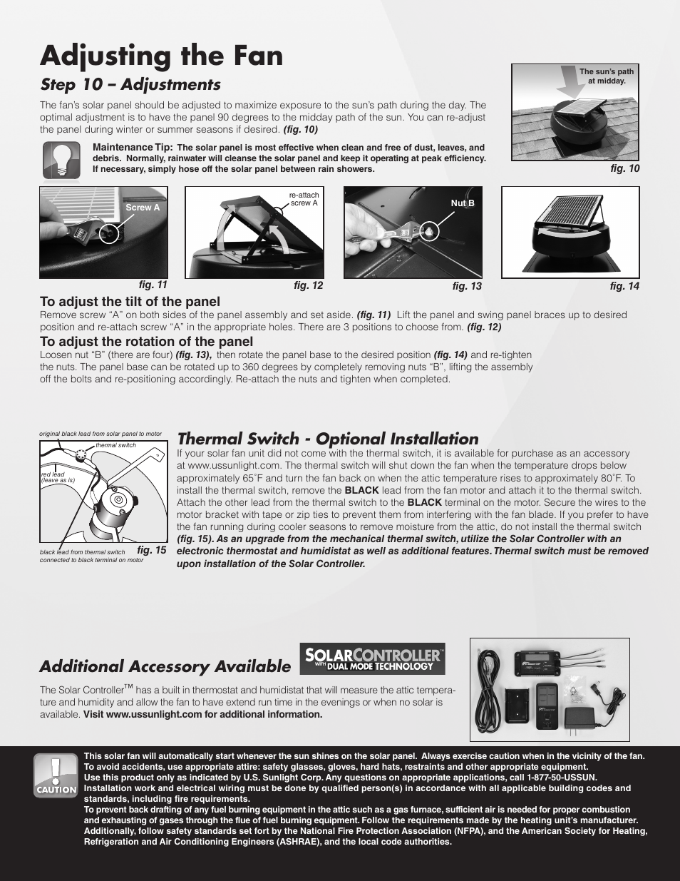Adjusting the fan, Additional accessory available, Thermal switch - optional installation | Step 10 – adjustments | U.S. Sunlight 9930TR Solar Powered Attic Fan User Manual | Page 4 / 4