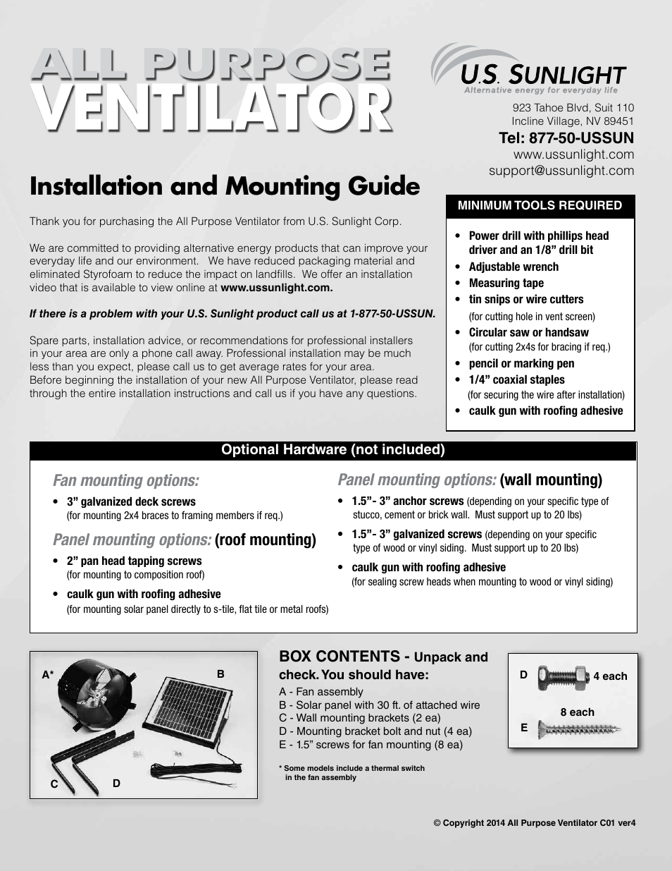 U.S. Sunlight 1015APV Purpose Ventilator User Manual | 6 pages