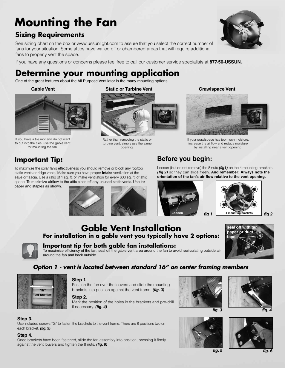 Mounting the fan, Determine your mounting application, Gable vent installation | Sizing requirements, Important tip, Before you begin | U.S. Sunlight 1015APV Purpose Ventilator User Manual | Page 2 / 6