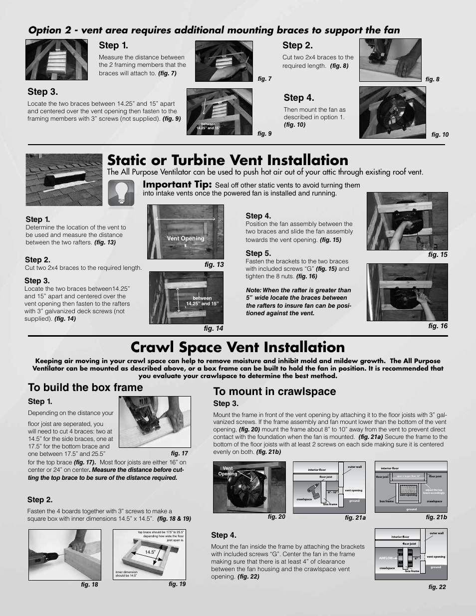 Static or turbine vent installation, Crawl space vent installation, Step 1 | Important tip, Step 2, Step 3 | U.S. Sunlight 1015APV Purpose Ventilator User Manual | Page 3 / 6