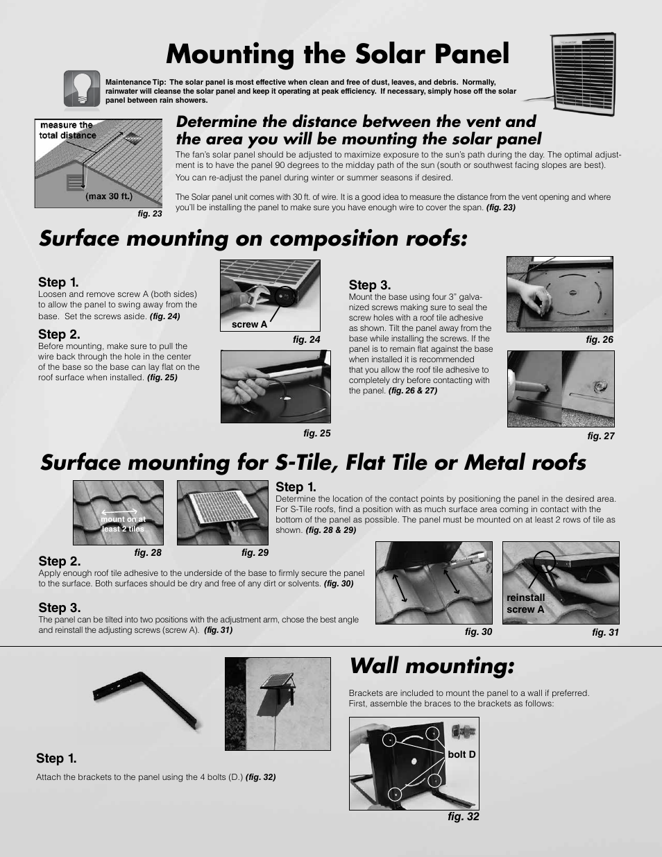 Mounting the solar panel, Surface mounting on composition roofs, Wall mounting | U.S. Sunlight 1015APV Purpose Ventilator User Manual | Page 4 / 6