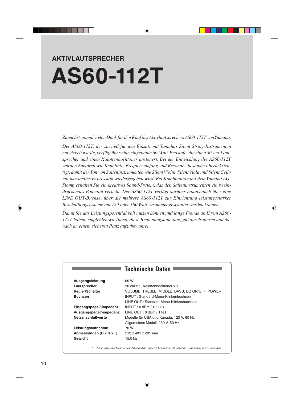 Bedienungsanleitung, Technische daten, Aktivlausprecher | Aktivlautsprecher | Yamaha AS60-112T User Manual | Page 10 / 22